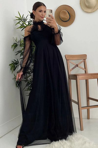Neşeli Butik γυναικείο μακρύ βραδινό φόρεμα με μαύρο τούλι NBSWLL07