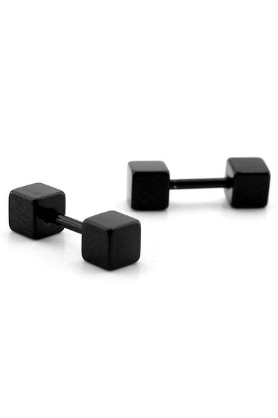 Solfera Black Colored Cube Design Screw Bar Piercing Women's Men's Earrings ER049