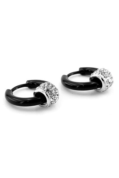 Solfera Shiny Zircon Stone Black Steel Hoop Unisex Men's Earrings ER096