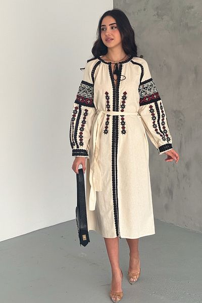 FEMELLE Rochie de damă bej brodat cu talie cu curea