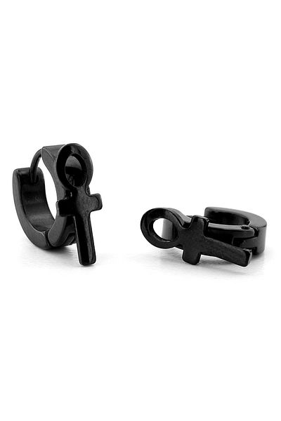 Solfera Ankh Egyptian Symbol of Life Black Color Steel Hoop Men's Earrings ER073
