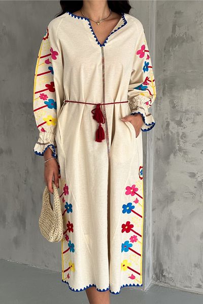 FEMELLE Women's Beige Tasseled Flower Embroidery Embroidered Vintage Dress