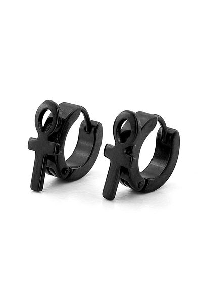 Solfera Ankh Egyptian Symbol of Life Black Color Steel Hoop Men's Earrings ER073