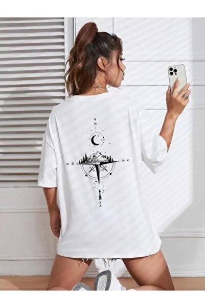 ORLONTEX Women's White Compass Printed Oversize T-Shirt