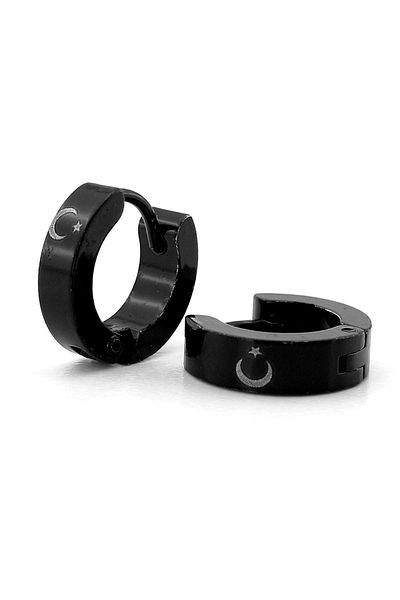 Solfera Turkish Flag Moon Star Black Color Steel Hoop Men's Earrings ER075