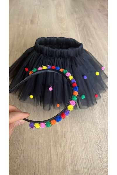 Sare Çocuk Giyim Set fustă și cataramă brodate cu pompon pe tutu negru