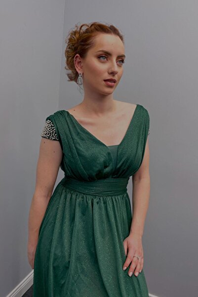 ZEYWEAR Kadın Omuzları Taşlı Uzun Abiye Yeşil