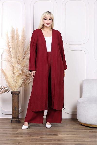 sinemisxxl طقم سترة بنطلون من القماش المجعد باللون العنابي