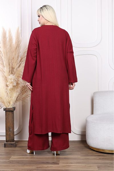 sinemisxxl طقم سترة بنطلون من القماش المجعد باللون العنابي