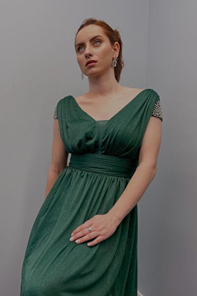 ZEYWEAR Kadın Omuzları Taşlı Uzun Abiye Yeşil
