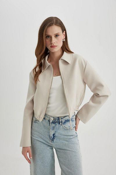 DeFacto Shirt Collar Basic Solid Zipper Closure Pocketed Bomber Jacket B9422Ax24Sp