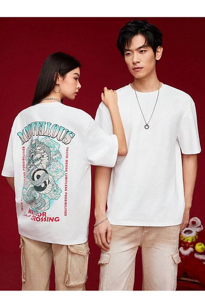 Jose Clothing Μπλουζάκι Unisex Λευκό εμπριμέ από οργανικό βαμβάκι Oversize κοντό μανίκι