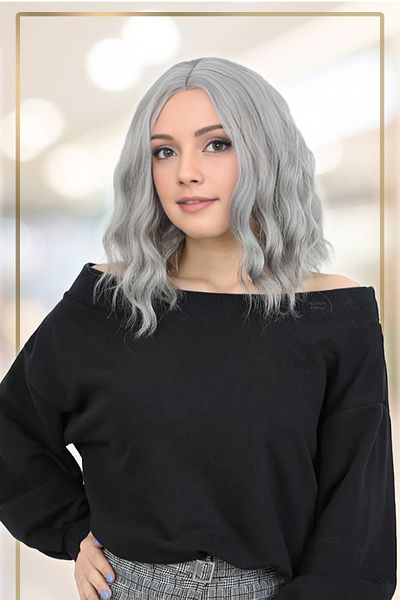 KONAK PERUK Light Gray Fiber Synthetic Rivetless Short Wavy Wig