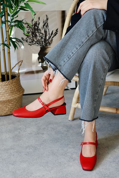 POLKA STORE Cască cu vârf pătrat din piele mată roșie Audrey pentru femei, pantofi cu toc bloc scurt