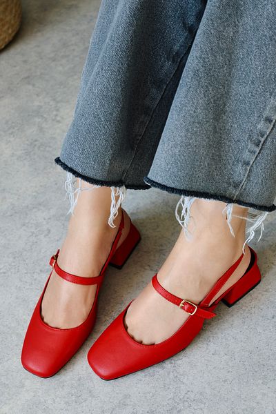 POLKA STORE Cască cu vârf pătrat din piele mată roșie Audrey pentru femei, pantofi cu toc bloc scurt