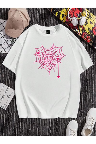 Jose Clothing Μπλουζάκι Unisex Λευκό Αράχνη με στάμπα από οργανικό βαμβάκι Oversize με κοντό μανίκι