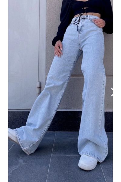 ModaDeniz Jeans -Ice Blue Palazzo Loose Leg Ice Snow Wash High Waist Stretch Jeans