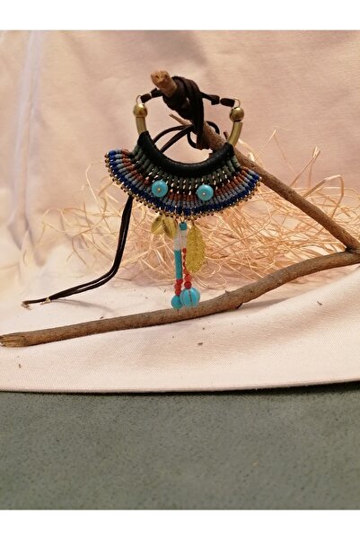 ALMOND DESIGN Turkuaz Boncuk, Yaprak Figürlü,kahve Ip Askı,pirinç Kasnaklı Et...