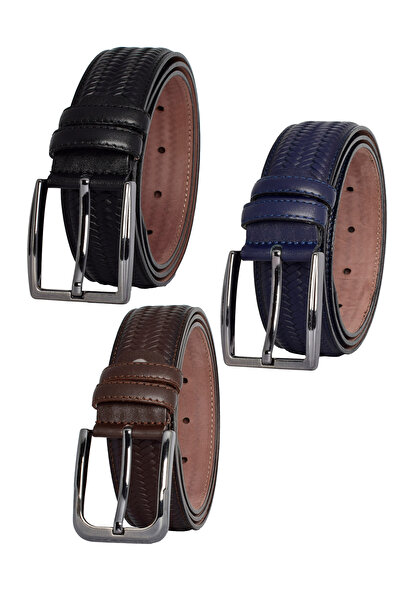 GoDeri 100% Genuine Leather, Set of 3 Black, Dark Brown, Navy Knit Printed Fabric PantsBelt 3.5 cm_mesh.bas