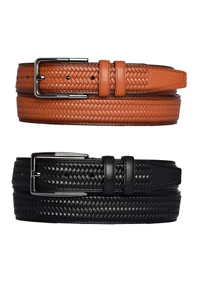 GoDeri Țesătură din piele naturală neagră - Set 2 pantaloni tricotați cu imprimeu maro deschis și curea 3,5 cm