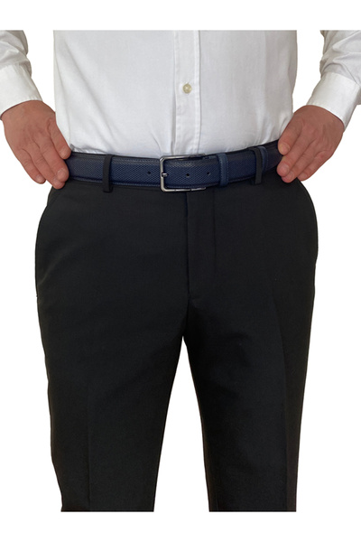 GoDeri %100 Hakiki Deri, Lacivert Dikişli Klasik, Kumaş Pantolon Kemeri 3.5 Cm_Dikisli.Noktalı