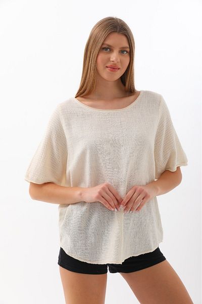 AYASOFYA OTANTIK Γυναικεία Μπεζ Casual Λινό Μπλούζα με κοντό μανίκι
