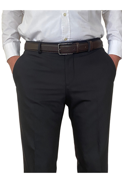 GoDeri %100 Hakiki Deri, Koyu Kahverengi Dikişli Klasik, Kumaş Pantolon Kemeri 3.5 Cm_Dikisli.Noktalı