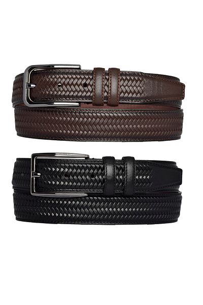 GoDeri 100% piele naturală, set de 2 pantaloni din țesătură imprimată cu cusături negru, maro închisCentură 3,5 cm_mesh.bas