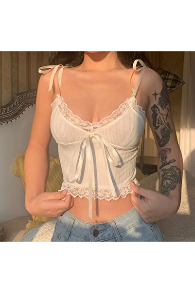 DEEFWEAR Απλό λευκό καινούργιο γυναικείο μπλουζάκι με κεντημένη κορδέλα με λουράκι