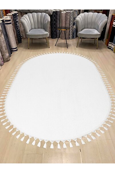 Valery Home Vl Oval Comfort Ponpon Saçaklı Peluş Halı Beyaz