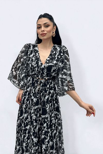 giyimmasalı Chiffon Fabric Bat Sleeve Midi Dress - BLACK