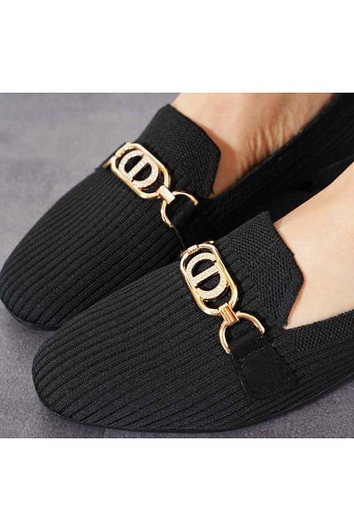 Afilli Tricotaje negre de damă, lanț de piatră, talpă plată, ocazional, mers zilnic, confortabil, espadrille, balerină, pantofi de vară