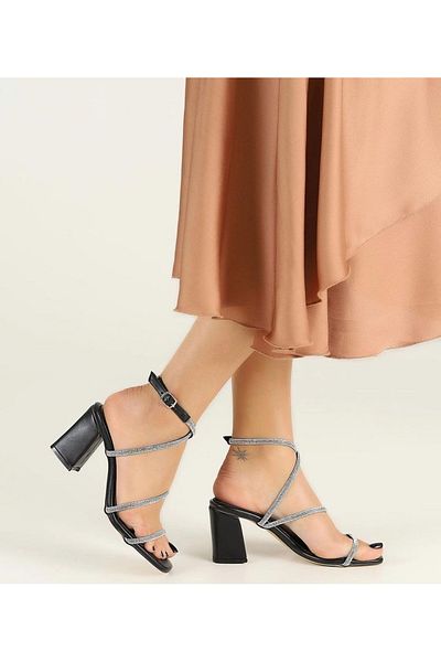 Afilli Femei Negru Argintiu Dantela la gleznă Piatră strălucitoare Față deschisă Toc gros Rochie de seară Sandale elegante Pantofi