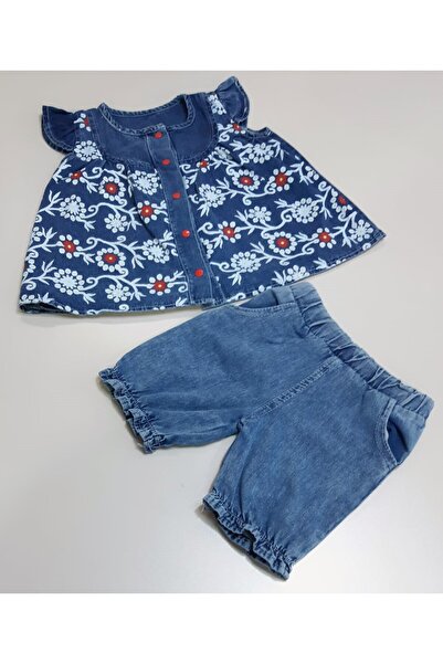 Sönmez Baby FLOWER PATTERNED JEANS DRESS AND SHORTS DOUBLE BABY GIRL SUIT