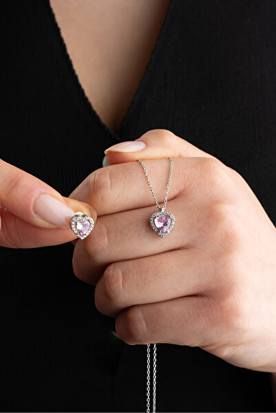 ESSARE 925 Ayar Gümüş Pembe Taşlı Kalp Küpe Ve Kolye Set