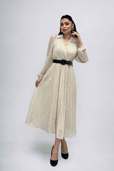 giyimmasalı Chiffon Fabric Polka Dot Detailed Pleated Midi Dress - CREAM