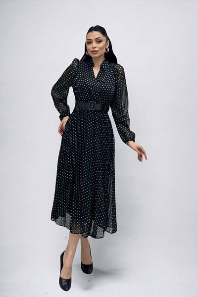 giyimmasalı Chiffon Fabric Polka Dot Detailed Pleated Midi Dress - BLACK