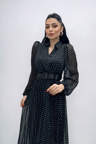 giyimmasalı Chiffon Fabric Polka Dot Detailed Pleated Midi Dress - BLACK