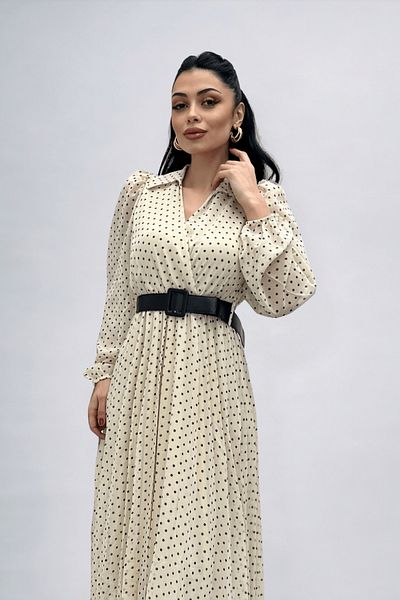 giyimmasalı Chiffon Fabric Polka Dot Detailed Pleated Midi Dress - CREAM
