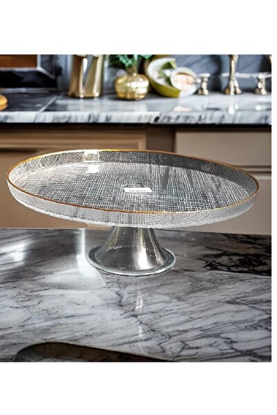 Glass Ayaklı Cam Servis Tabağı – 21 cm (Çizgili Model) | Kek & Tatlı Sunumu İ...