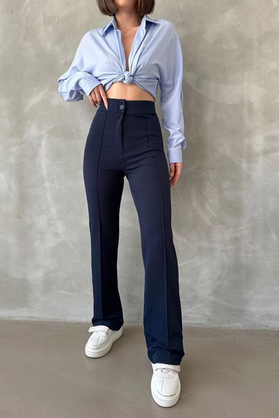 MODAQU Pruhované kalhoty Palazzo z lycry – tmavě modrá