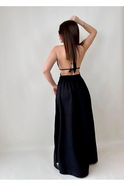 rengamoda Rochie de vară cu fante din țesătură de in, decoltată la spate, pentru femei (culoare)