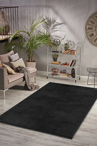 Valery Home Vl Comfort Düz Saçaklı Peluş Yıkanabilir Siyah Yolluk