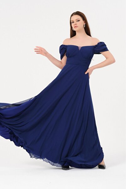 DERİNBOUTIQUE Kadın Saks Düşük Omuz Bel Drapeli Kloş Şifon Uzun Düğün Nişan Davet Söz Elbise Abiye