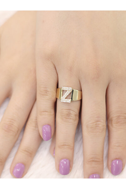Zeynepli gold & jewelry 14 Ayar Altın Büyük Z Harfli Taşlı Yüzük