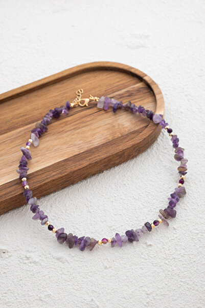 ByFlorya Jewelry قلادة من حجر الجمشت الطبيعي المكسور 40 سم مصنوعة يدويًا حسب ...