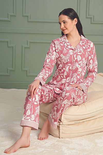 BSM High Quality Cotton Women's Pajamas Set - Patterned Rose, Long Sleeve, Neck Buttoned