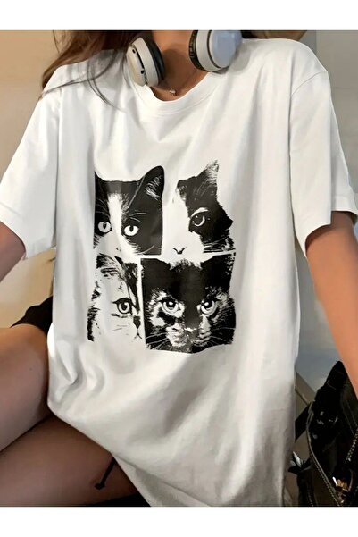 Gofeel Cat Face Detail Unisex Oversize Pattern T-Shirt