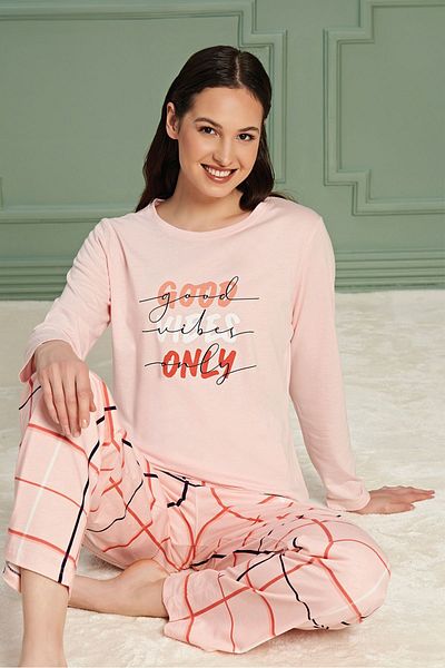 BSM High Quality Women's Pajamas Set - Salmon Color, Crew Neck, Cotton Plaid Pattern, Long Sleeve