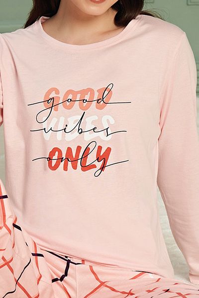BSM High Quality Women's Pajamas Set - Salmon Color, Crew Neck, Cotton Plaid Pattern, Long Sleeve